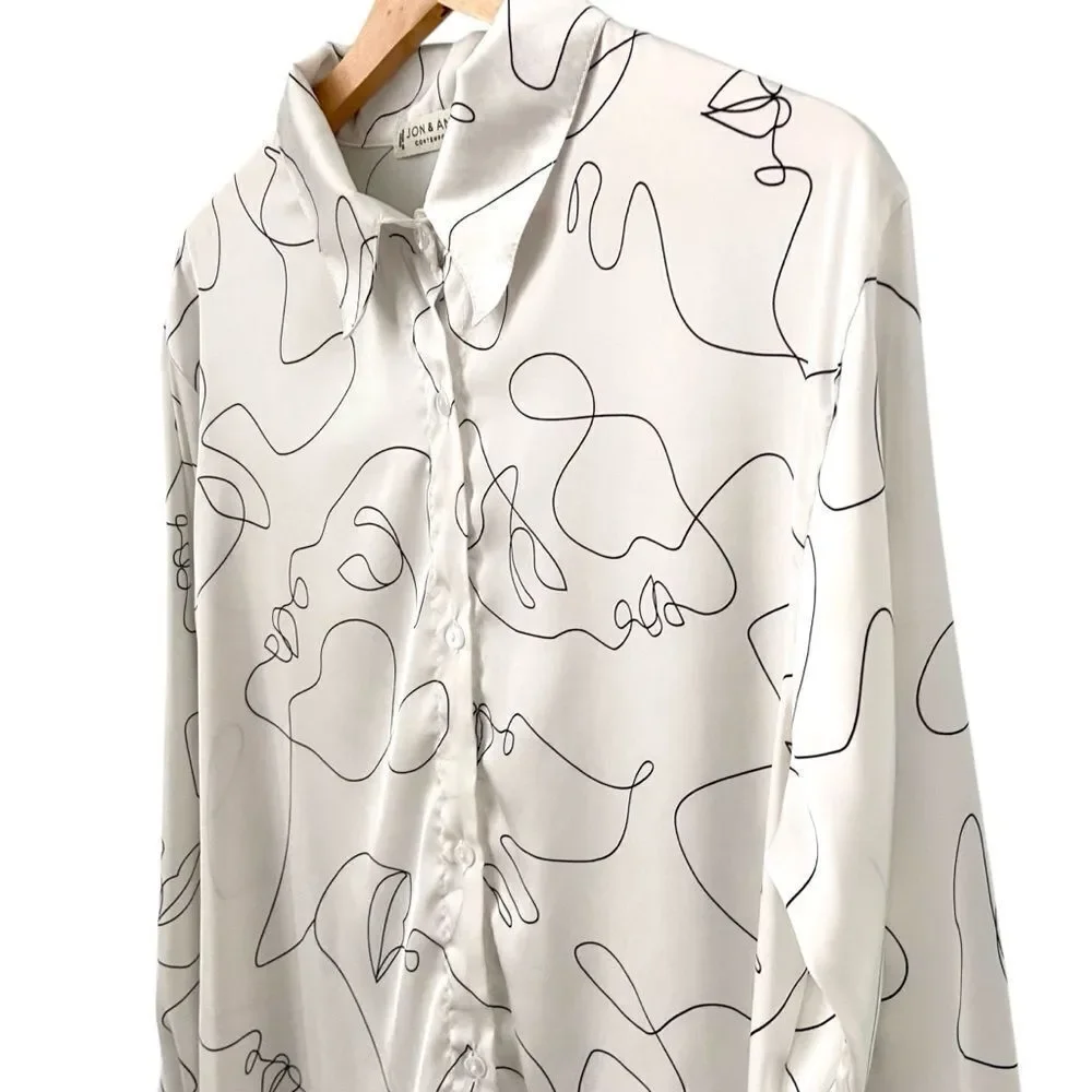 Jon & Anna Contemporary Semi Sheer Abstract Face Print Button-Up Shirt Dress in
